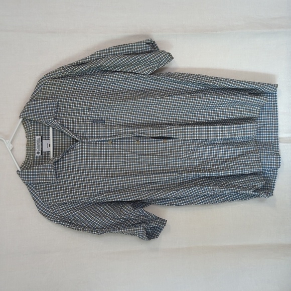 Columbia Sportswear Blue White Check Plaid Short Sleeve Cotton Button Down Large - Picture 1 of 5